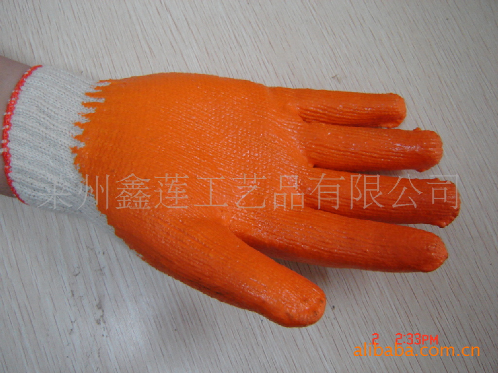 义乌日用品7 10针平板桔胶手套劳保手套工作手套出口手套批发