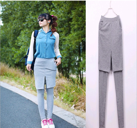 Spring and Autumn's new Korean-style fashion pocket front slit fake two-piece skirt pants, capri pants and leggings