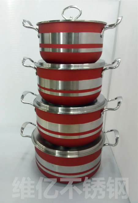 High-quality stainless steel, steel-handled, silver-colored double-base pot, four-piece set, soup pot, stew pot, double ears