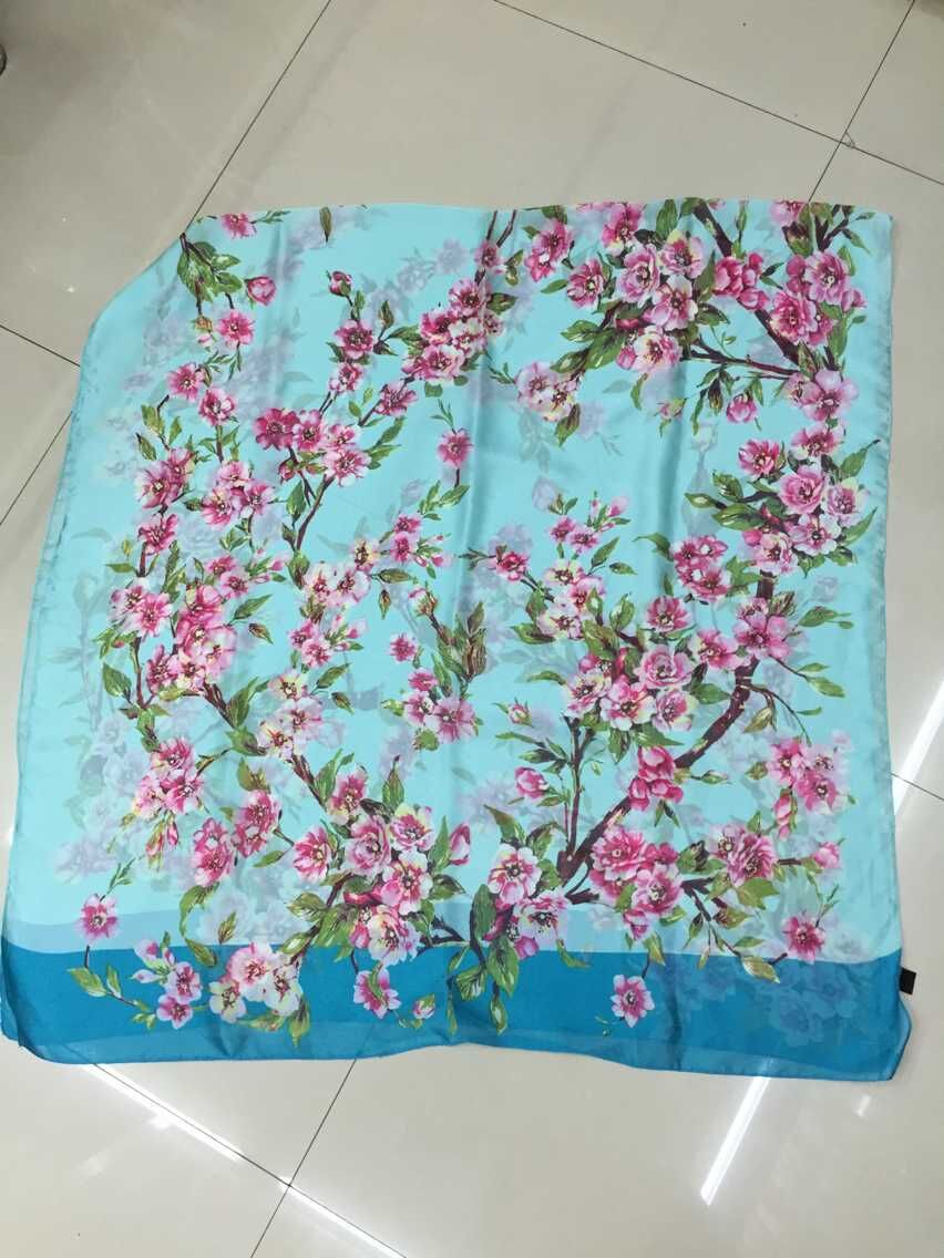 Blue Pink Peach Blossom Imitation Silk Scarf on model