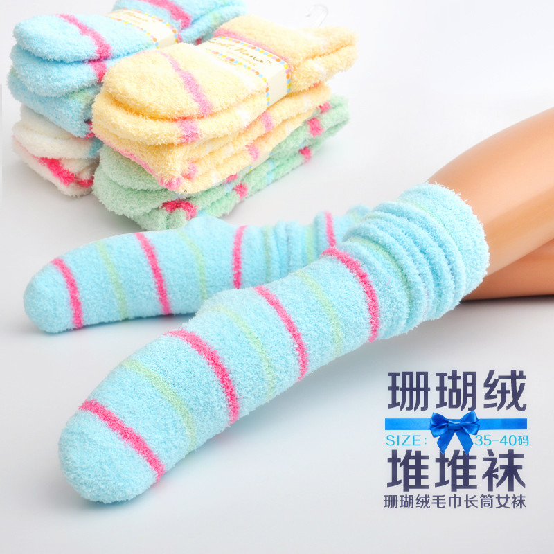 珊瑚绒长筒堆堆袜家居女袜女士睡眠高筒袜