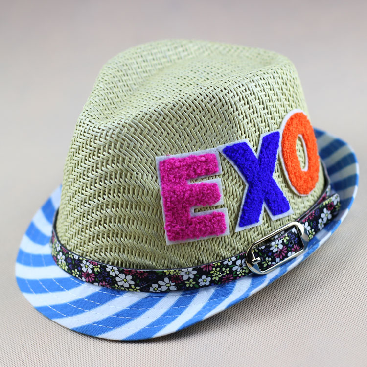 Spring/summer EXO letter straw children's top hat with cloth eaves breathable hat thumbnail