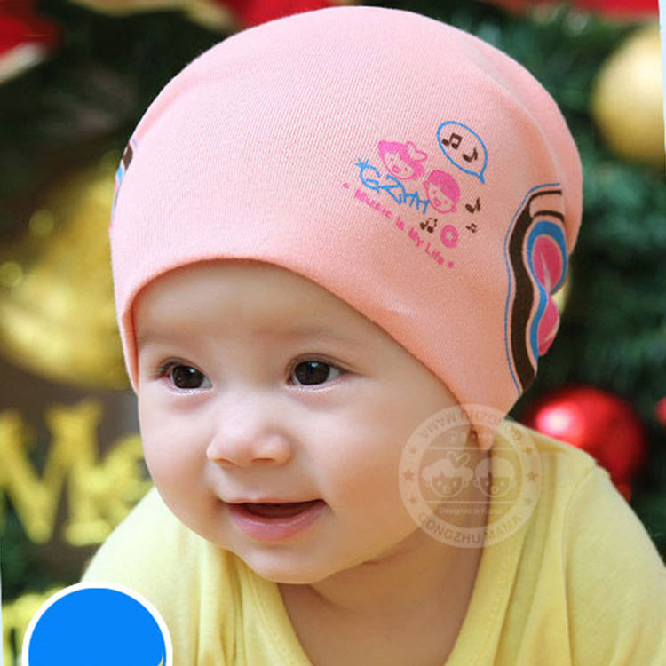 棉质印花婴幼儿套头帽 可爱耳机造型胎帽