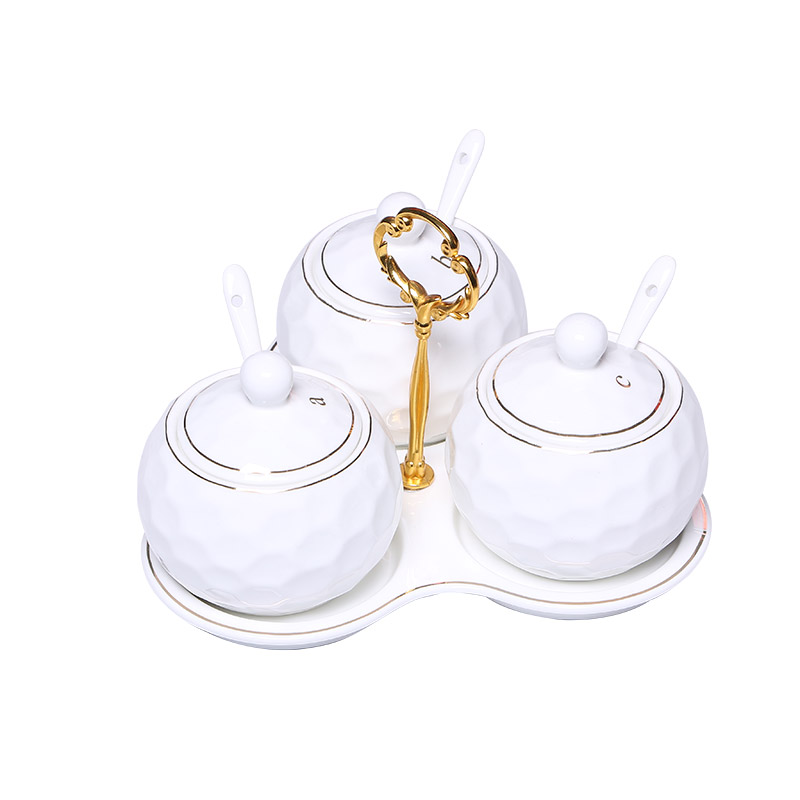 力力陶瓷 欧式陶瓷调味罐 简约金边白色瓷骨球形3件套批发