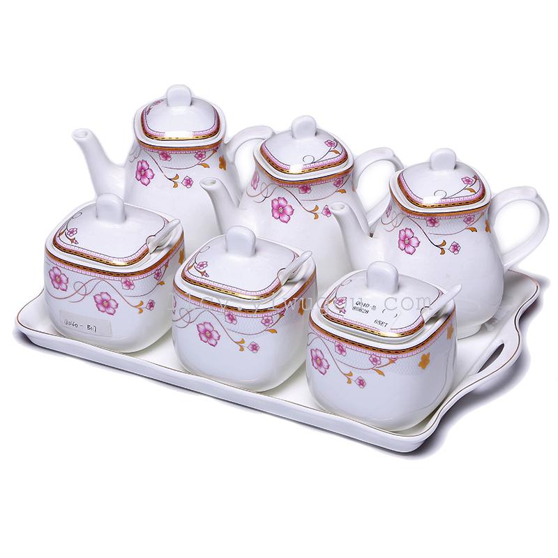 新款热卖陶瓷厨房用品 高档韩式精美色釉调味罐6件套批发产品图