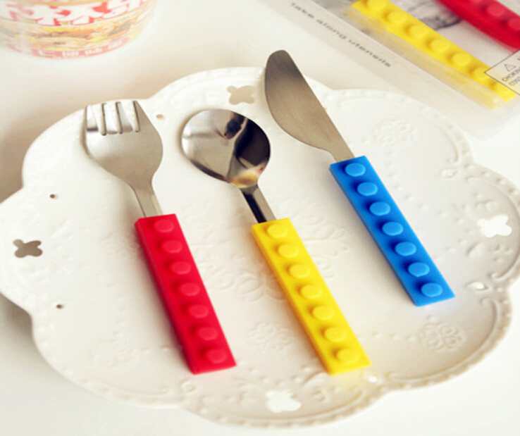 3pc tableware set silica gel Lego tableware stainless steel building blocks tableware hot