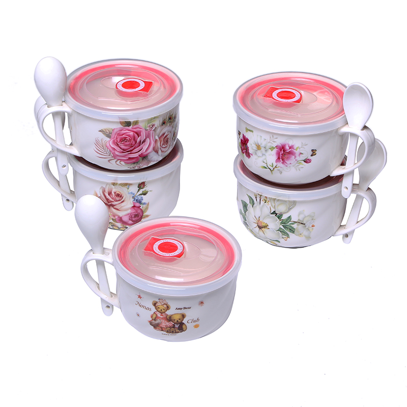 韩式家居精美带勺陶瓷面杯 大号密封汤杯儿童陶瓷餐具批发