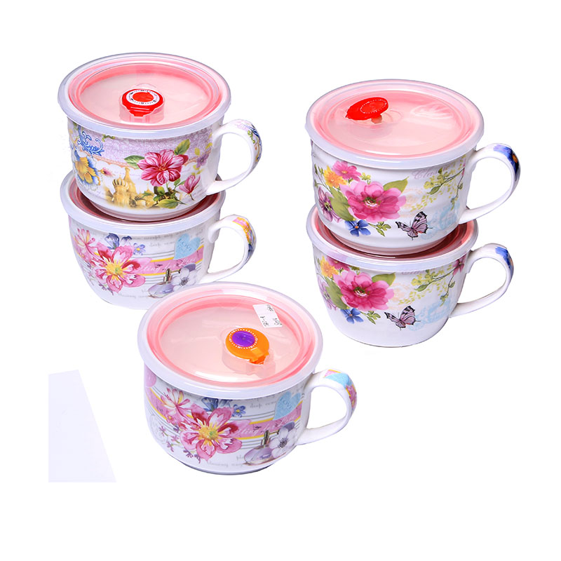 韩式陶瓷泡面杯大号 田园花卉进口色釉低瓷骨密封汤杯批发