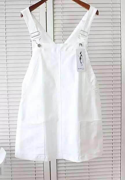 韩版休闲百搭白色背带裙 大口袋宽松裙产品图