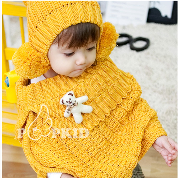 Korean bear pin Children's shawl Girls Autumn winter baby wool hat two-piece set thumbnail