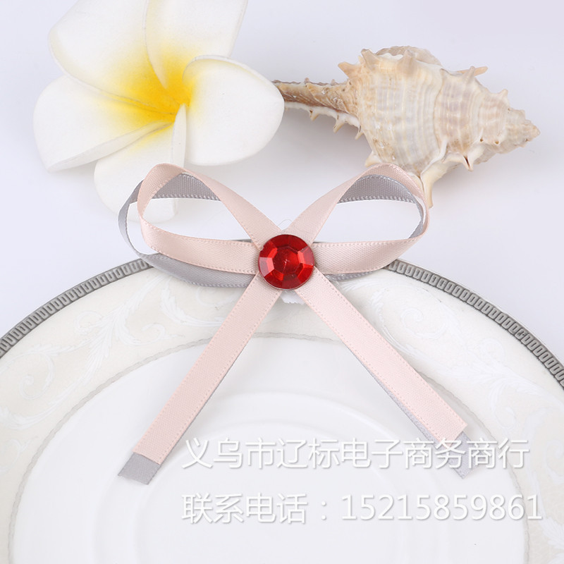 新款涤纶交叉绳带饰品配件 蝴蝶结镶嵌珠子时尚布艺缎带供应