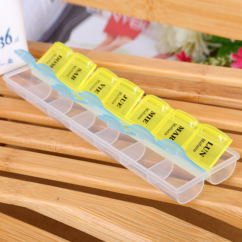 多语言定制西语英语印字一周双排14格药盒收纳盒便携整理盒厂家产品图