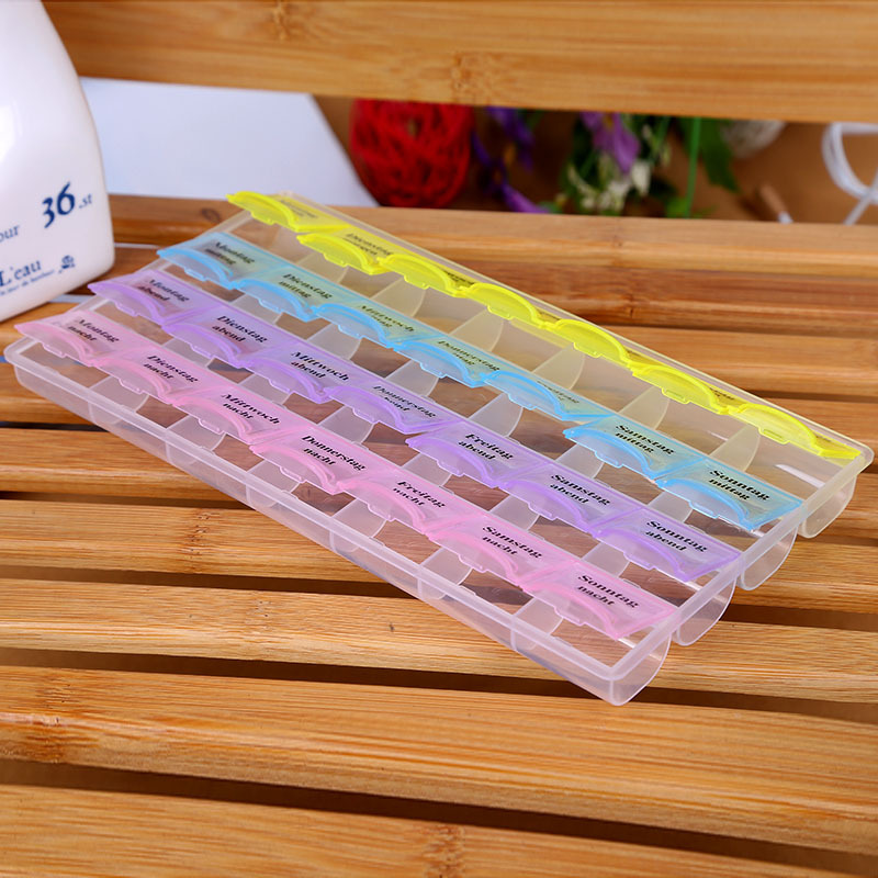 Wholesale of 28-compartment medicine boxes, English small items, stud accessories and creative life storage boxes in 4 rows a week Specification image