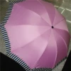 A fresh and light sun umbrella with blue and white striped borders and a golden border with a rubber handle Specification image