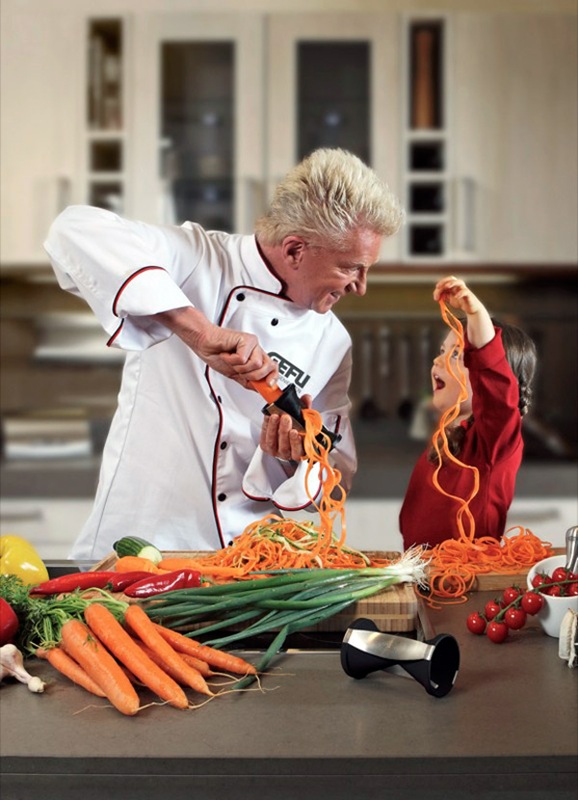 Rotary carrot cutter and vegetable roller