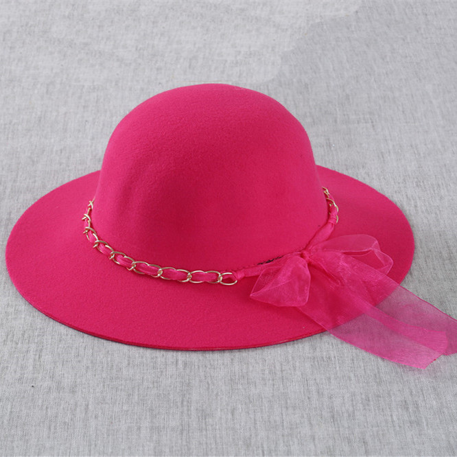 亲子款链条飘带蝴蝶结大沿帽 秋冬毛呢圆帽帽子