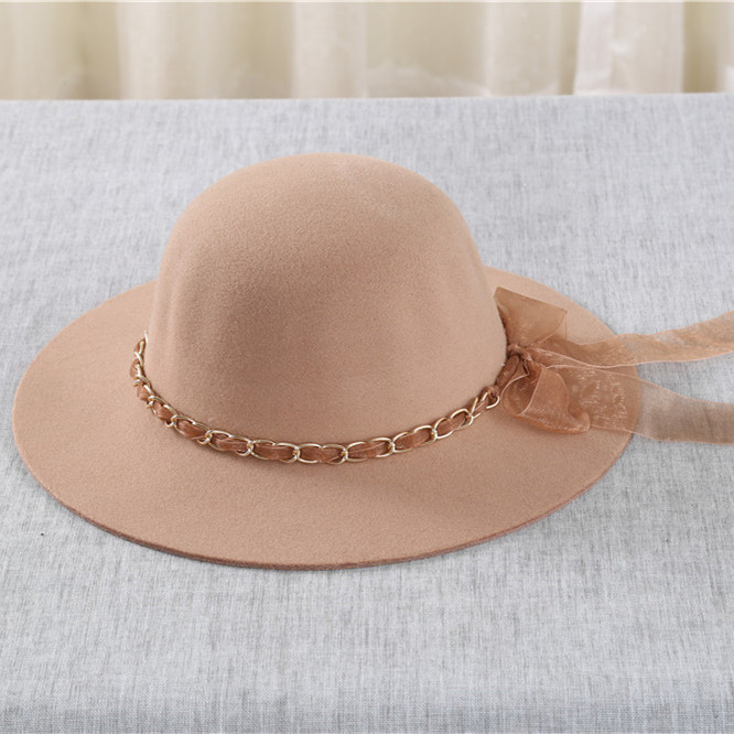 亲子款链条飘带蝴蝶结大沿帽 秋冬毛呢圆帽帽子细节图