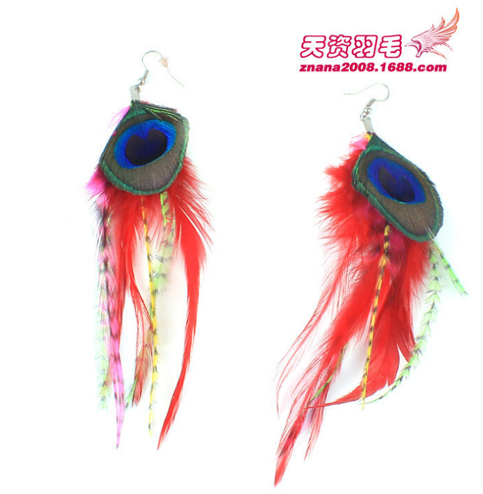 孔雀羽毛民族风耳环波西米亚羽毛耳环火鸡毛批发