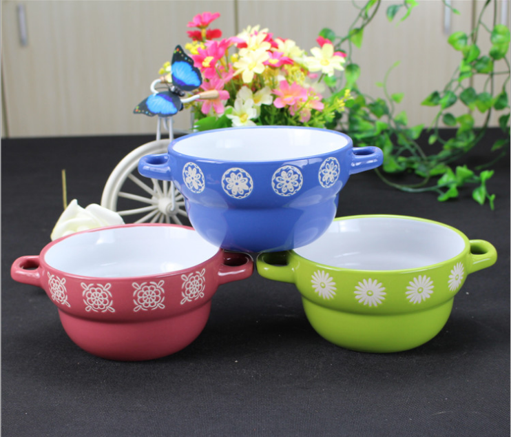 The new creative and personalized double-ear ceramic bowl instant noodle bowl comes in a variety of styles and colors