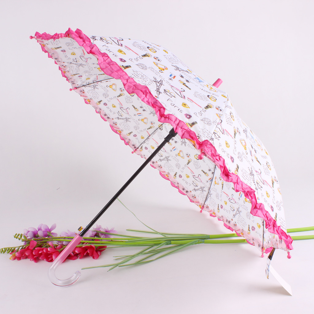Cute children's sun protection, rain and sun dual-purpose straight-handled umbrella, creative printed cartoon graffiti skirted umbrella Specification image