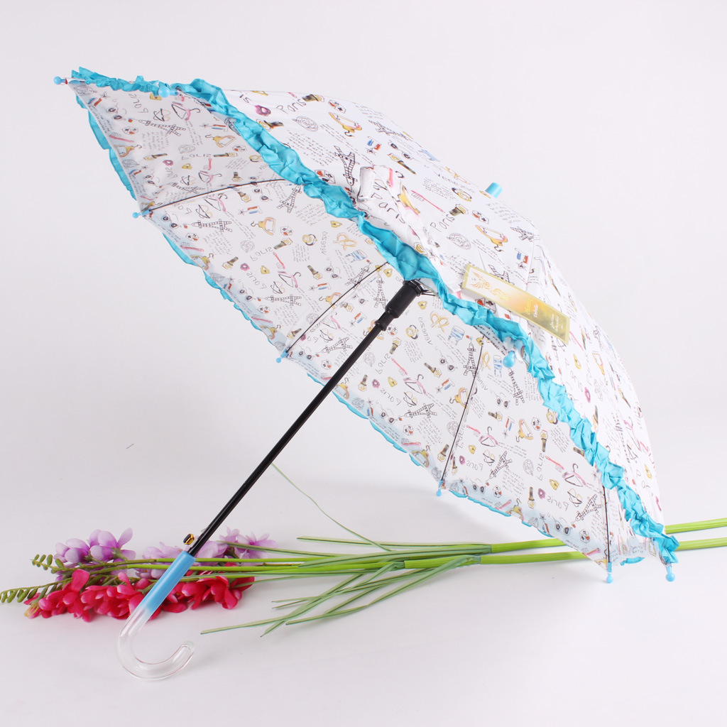 Cute children's sun protection, rain and sun dual-purpose straight-handled umbrella, creative printed cartoon graffiti skirted umbrella