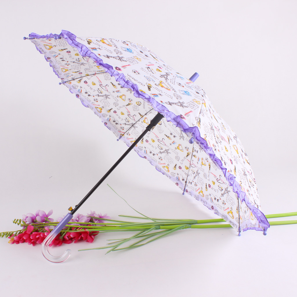 Cute children's sun protection, rain and sun dual-purpose straight-handled umbrella, creative printed cartoon graffiti skirted umbrella Application Scenario