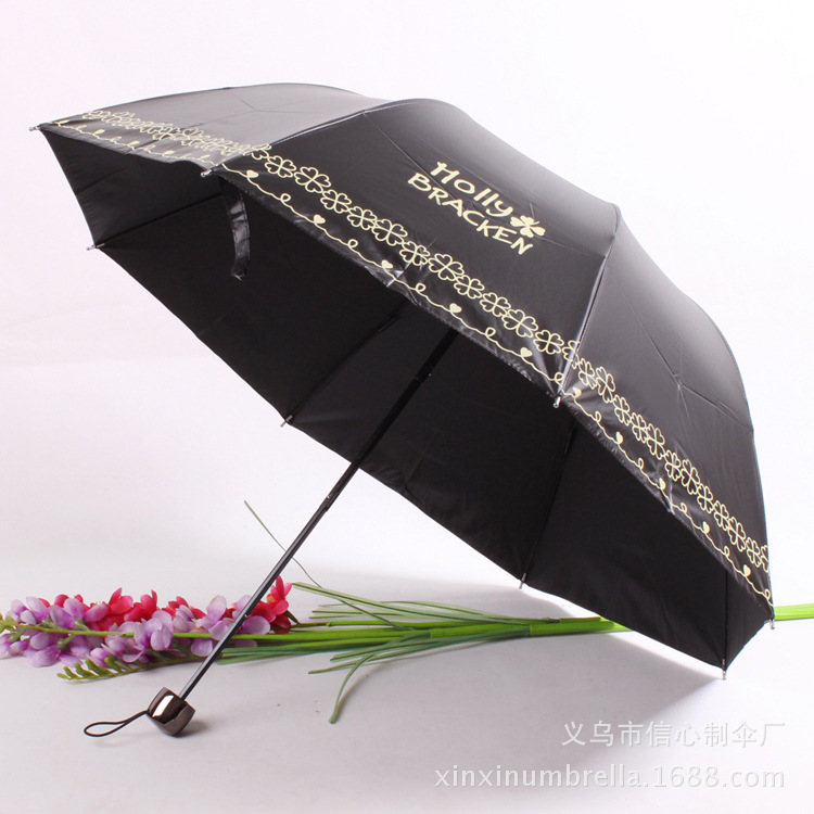 Wholesale and custom-made premium Apollo three-fold umbrellas with cute patterns and black vinyl sun umbrellas