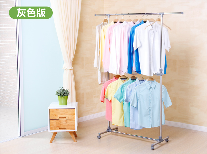 单杆晾衣架 室内挂衣架落地晒衣架折叠晾衣杆不锈钢 双层衣服架产品图