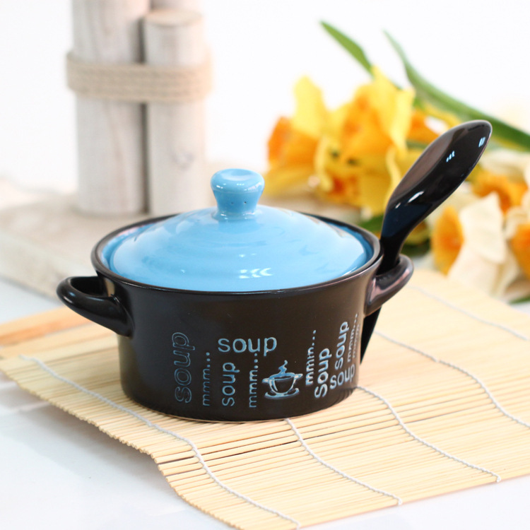 Japanese-style ceramic double-eared bowl with spoon and lid set bowl details Picture