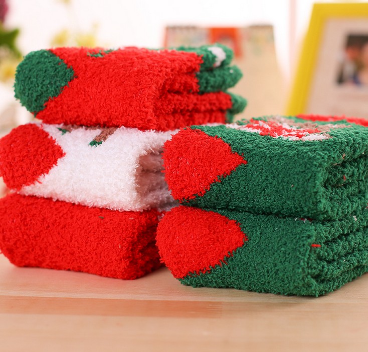 毛绒圣诞袜珊瑚绒女士中筒地板袜麋鹿保暖加厚毛巾地板袜细节图