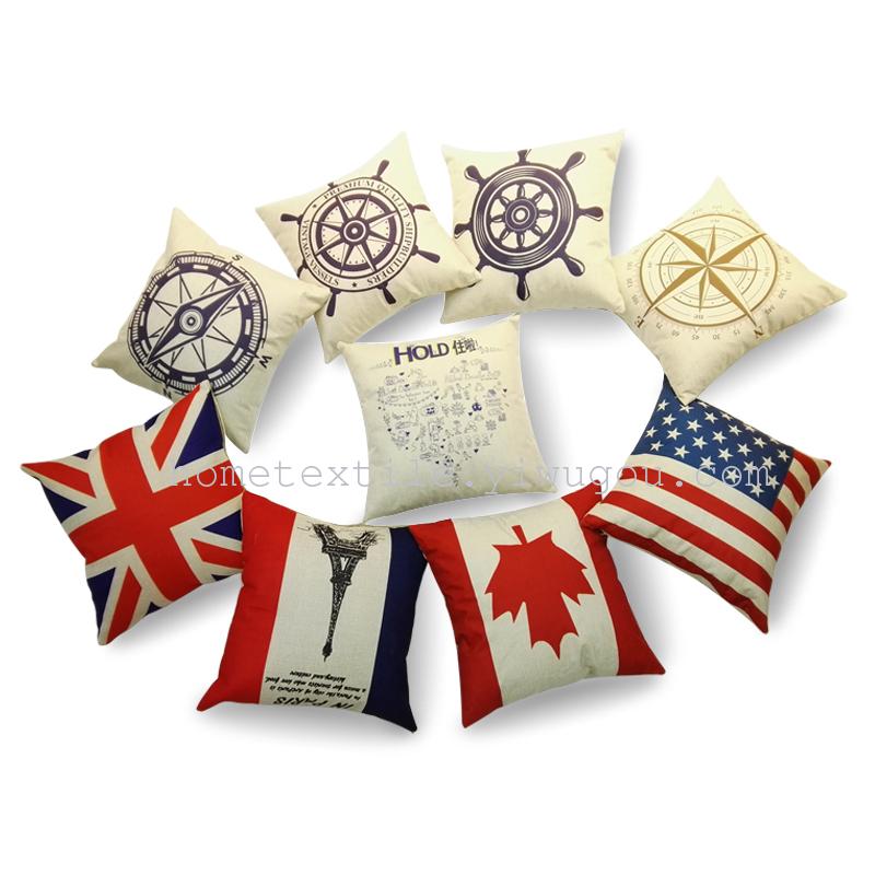 国旗骷髅头数码印花抱枕北欧沙发亚麻布办公室靠垫礼品赠品促销品