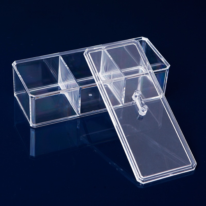 New crystal transparent acrylic makeup storage box, cotton pad box, cotton swab box, single-layer 3-compartment transparent box