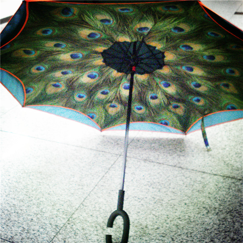 Creative car umbrella with reverse opening and closing, double-layer peacock sun umbrella, all-weather umbrella with long handle Specification image