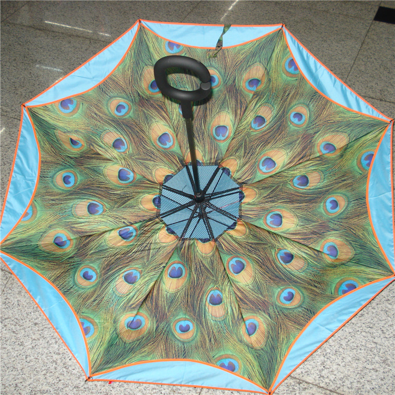 Creative car umbrella with reverse opening and closing, double-layer peacock sun umbrella, all-weather umbrella with long handle details Picture