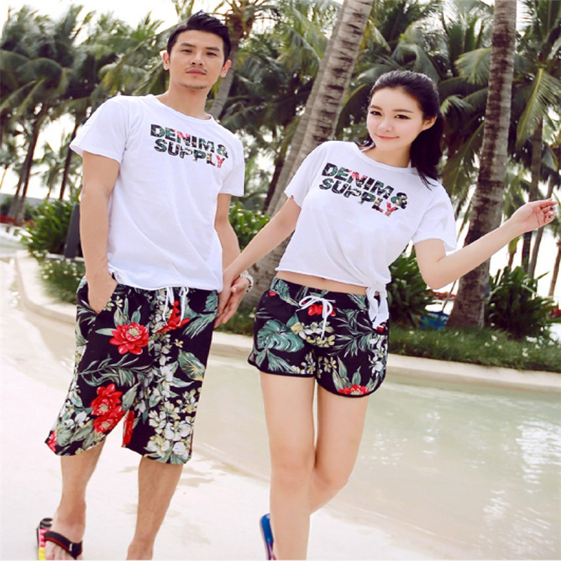 Korean beach vacation green leaf and red flower casual couple beach pants, men's and women's couple outfits sea Application Scenario