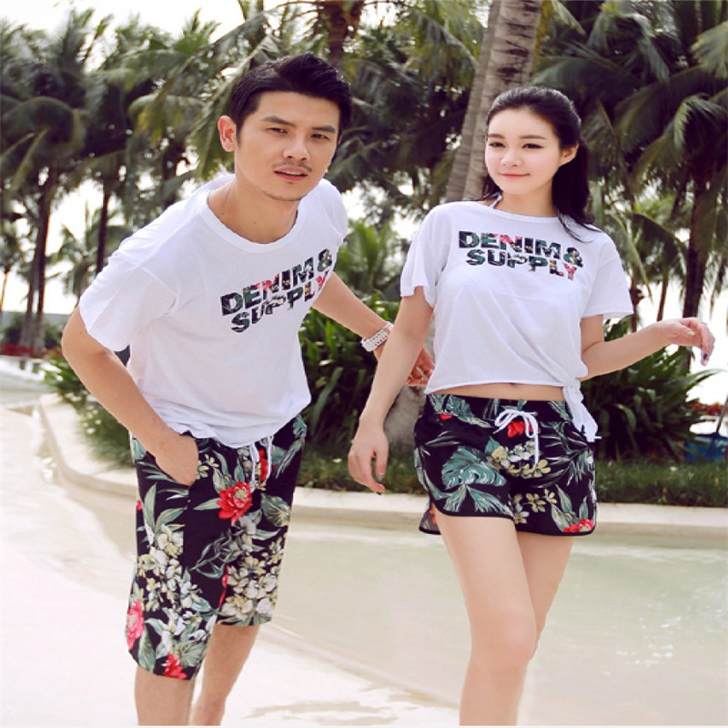 Korean beach vacation green leaf and red flower casual couple beach pants, men's and women's couple outfits sea Specification image