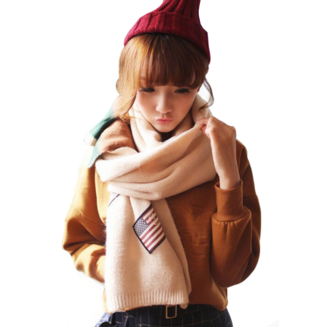 Korean Version Of Warm Cashmere Wool Solid Color Scarf Thickened Autumn Winter Women's Flag Striped Badge Korean Bib Set