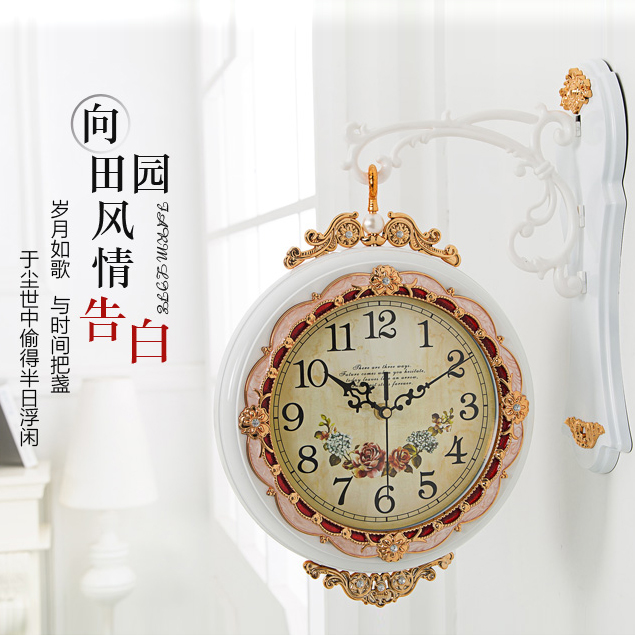 Reloj de pared de doble cara europeo creativo moda grande sala de estar reloj moderno silencioso bucólico simple reloj de cuarzo paquete correo Specification image