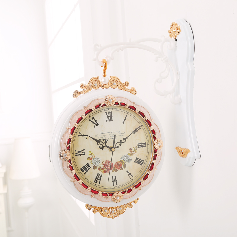 Reloj de pared de doble cara europeo creativo moda grande sala de estar reloj moderno silencioso bucólico simple reloj de cuarzo paquete correo details Picture