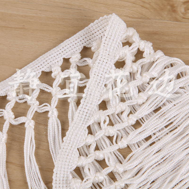 Fishnet Grid White Dyed Knotted Row Fringed Lace Waistcoat Hem Specification drawing