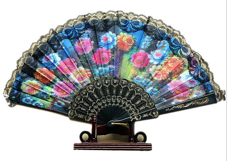 夏季时尚淑女女士扇子 蕾丝印花绸布高档折扇 舞蹈扇子