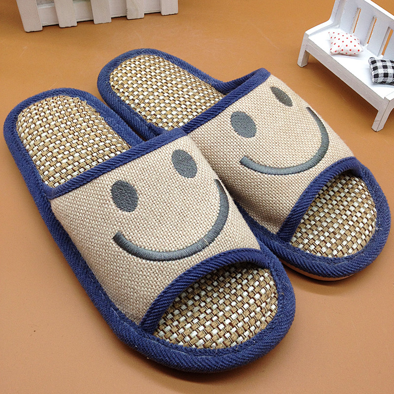 新款亚麻拖鞋 笑脸韩版情侣款家居拖鞋细节图