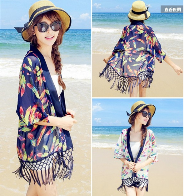 沙滩披肩女夏中长款波西米亚雪纺衫开衫罩衫外搭防晒衣细节图