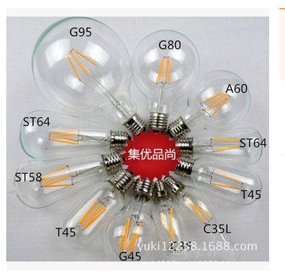 LED filament bulb lamp, retro tungsten filament bulb, high-brightness glass transparent E27G45G80 details Picture