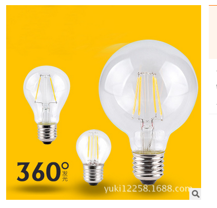 LED filament bulb lamp, retro tungsten filament bulb, high-brightness glass transparent E27G45G80 Specification image