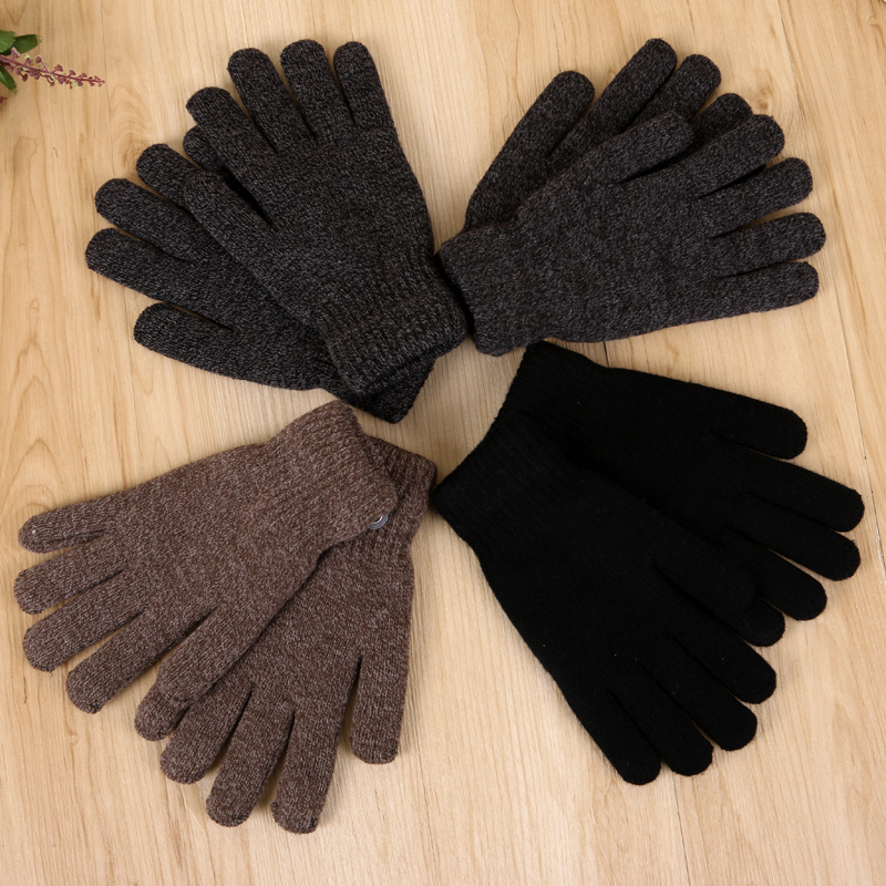 冬季男士保暖手套批发毛线针织纯色全指加厚防寒手套图