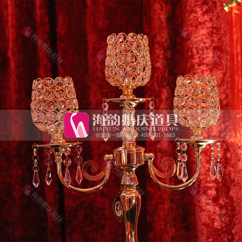 海韵婚庆用品有限公司 创意装饰摆件 镀金3头水晶烛台细节图