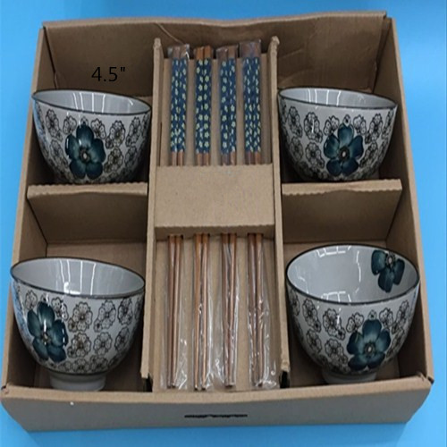 Four bowls of hand-painted porcelain tableware with four chopsticks thumbnail