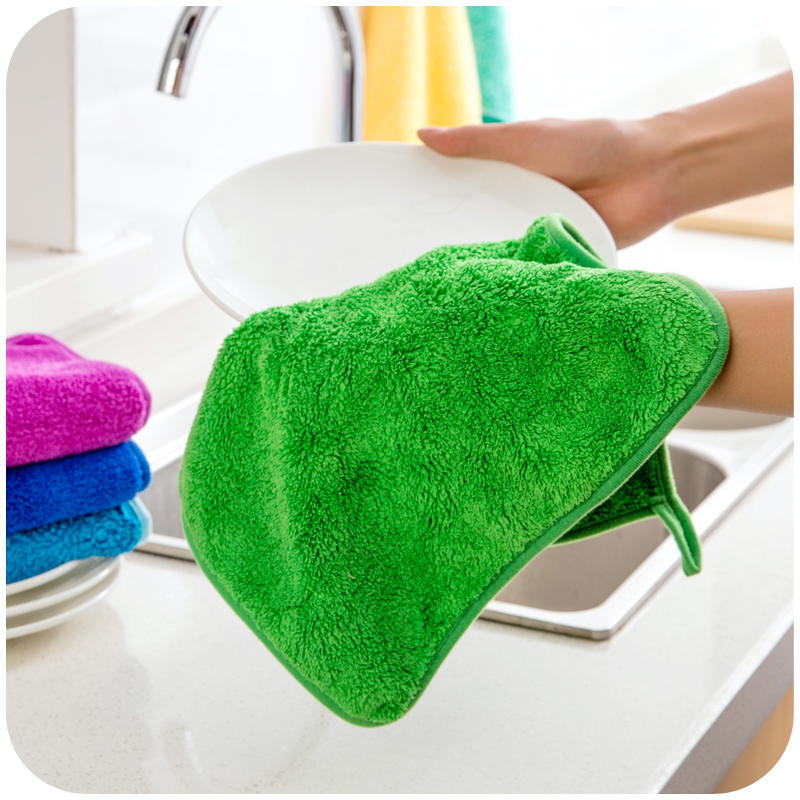 纯色可挂式加大加厚珊瑚绒抹布 不掉毛厨房擦手巾吸水毛巾
