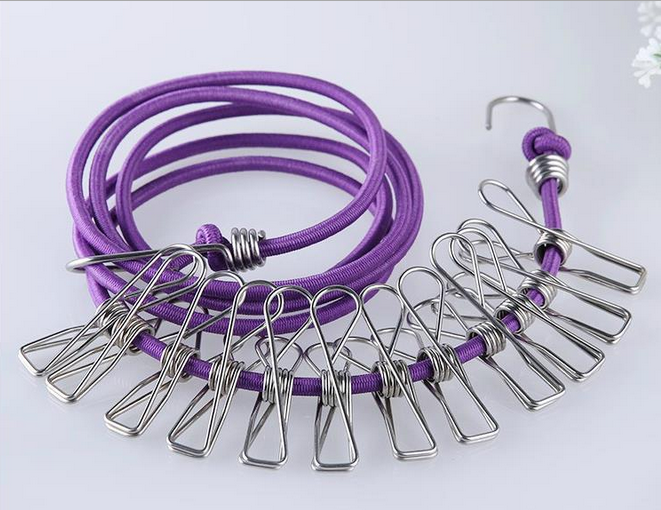 Specializing in the production of new outdoor portable windproof elastic clotheslines with hooks and 12 clips details Picture